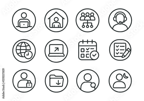 Line style icons of round remote and hybrid work: round remote work icon, round home office, round hybrid team, round remote call, round time zone icon, round async update, round hybrid calendar,