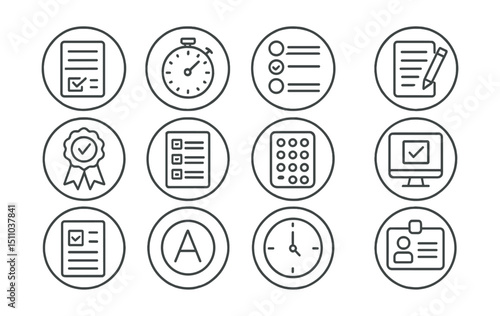 Line style icons of round exams and testing: round test icon, round timer bubble, round multiple choice, round essay paper, round exam badge, round test sheet, round scantron icon, round online test,