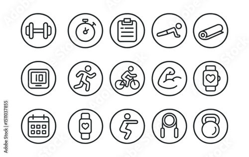 Line style icons of round fitness and training: round dumbbell icon, round stopwatch, round training plan, round exercise icon, round yoga mat, round rep counter, round running icon, round cycling