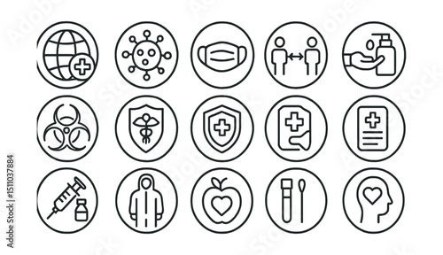 Line style icons of round public health and safety: round global health, round virus icon, round mask icon, round social distance, round sanitizer icon, round outbreak alert, round public health