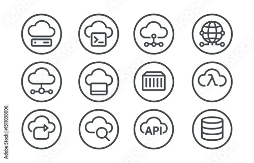 Line style icons of round cloud infrastructure: round cloud server, round virtual machine, round cloud region, round CDN icon, round load balancer, round cloud instance, round container icon, round