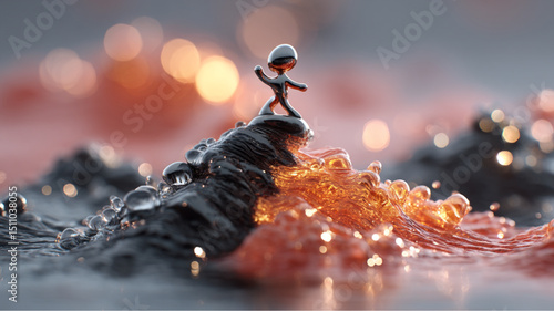 A miniature figure standing atop a dark rocky structure with orange liquid and bokeh light effects around it