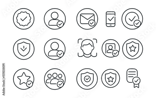 Line style icons of round user verification: round checkmark badge, round ID card, round verify email, round phone verify, round trusted icon, round proof badge, round face verify, round scan ID,