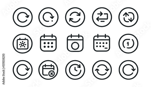 Line style icons of round recurring and custom events: round repeat icon, round custom frequency, round event cycle, round interval badge, round every day icon, round weekly icon, round monthly badge