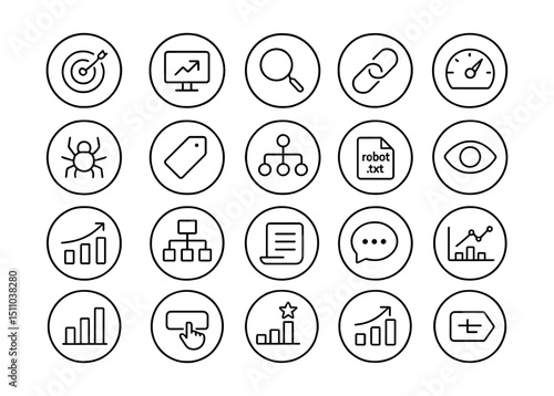 Line style icons of round SEO analytics: round keyword rank, round organic traffic, round search query, round backlink count, round domain authority, round page speed, round crawl icon, round index