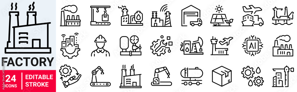 Factory web line icon set. Containing factory, eco factory, industrial robot, recycling plant. Editable stroke. Vector illustration