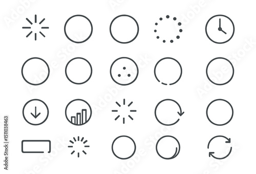 Line style icons of round loading and progress: round loading spinner, round circular loader, round progress bar, round loading dots, round wait icon, round percentage ring, round preload icon, round