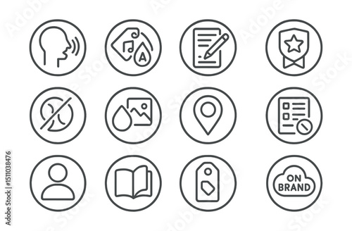 Line style icons of round branding in content: round brand voice, round tone tag, round content guide, round slogan icon, round logo watermark, round brand keywords, round brand visuals, round
