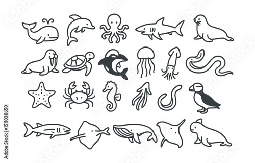Line style icons of ocean and sea animals: whale, dolphin, octopus, shark, seal, walrus, sea turtle, orca, jellyfish, manta ray, starfish, crab, seahorse, squid, moray eel, barracuda, stingray, blue