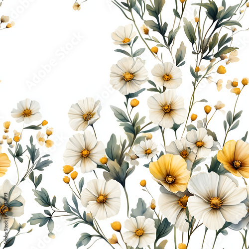 Delicate seamless pattern of watercolor white and yellow flowers with green leaves