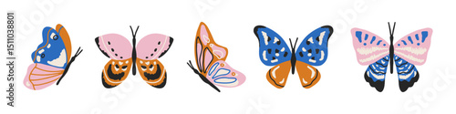 Hand drawn vector set of whimsical butterflies isolated on white. Cute charming different butterflies collection for summer design, prints and posters. Abstract insect illustration. Flat vector art