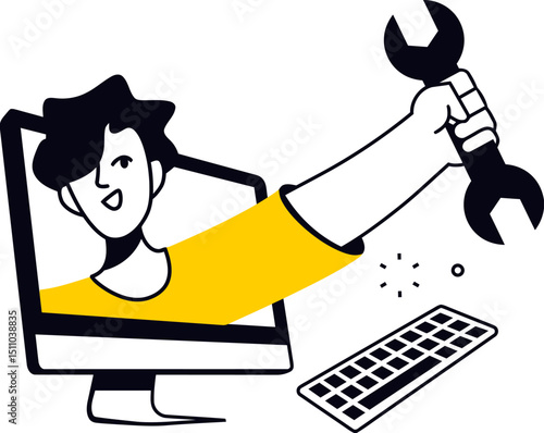 Computer repair service online technical support it help desk maintenance technician assistance and fix issues vector art illustration