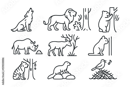 Line style icons of territorial behavior and marking: wolf howling, lion scent marking, bear clawing tree, rhino dung pile, deer antler scrape, cat rubbing face, tiger marking tree, otter rock pile,