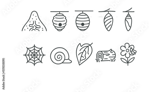 Line style icons of microhabitats and nests: anthill, wasp nest, beehive, caterpillar cocoon, butterfly chrysalis, spider web, snail shell, leaf tunnel, rotting log, flower with insect.