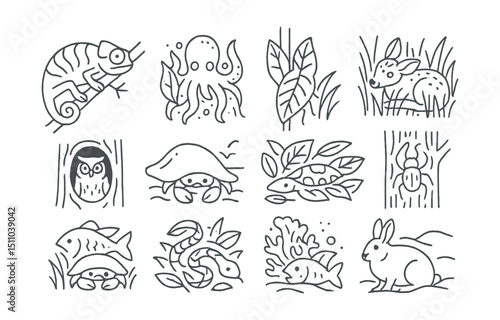 Line style icons of hiding and camouflage behavior: chameleon blending, octopus shape shift, insect leaf mimicry, fawn in grass, owl in tree hollow, crab under shell, snake in leaves, spider on bark,