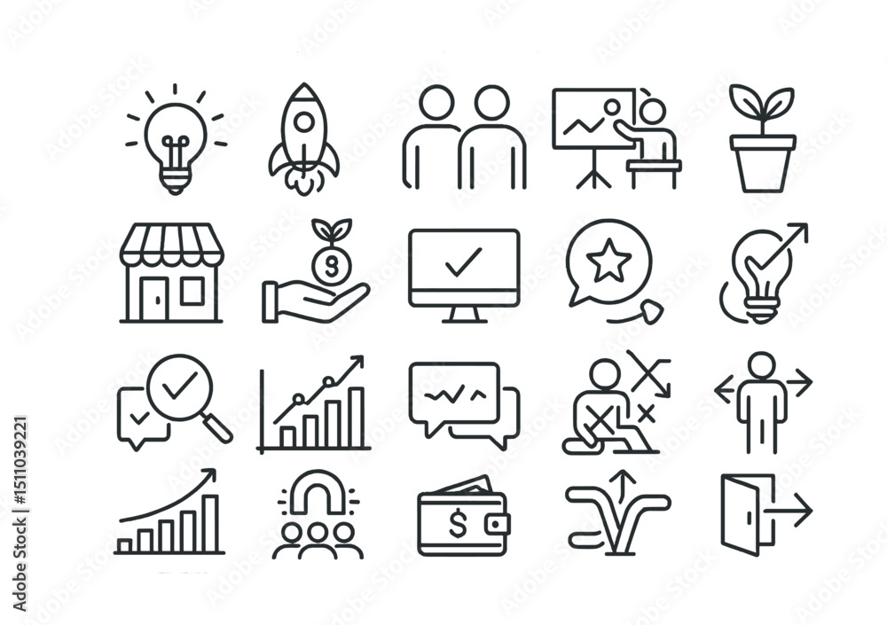 Line style icons of entrepreneurship and startups: lightbulb idea, startup launch, co-founders, pitch presentation, market entry, seed funding, MVP, business model, early growth, product validation, Line style icons of entrepreneurship and startups: lightbulb idea, startup launch, co-founders, pitch presentation, market entry, seed funding, MVP, business model, early growth, product validation,