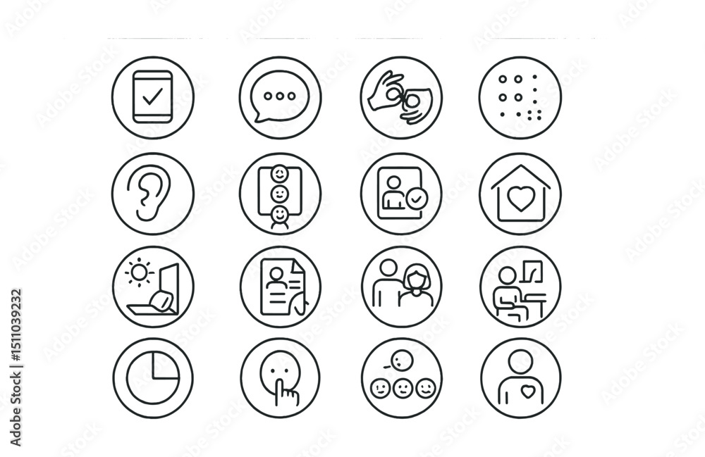 Line style icons of round inclusive and special education: round assistive tech, round speech icon, round sign language, round Braille icon, round hearing aid, round visual support, round behavior