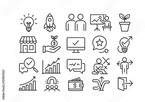 Line style icons of entrepreneurship and startups: lightbulb idea, startup launch, co-founders, pitch presentation, market entry, seed funding, MVP, business model, early growth, product validation,
