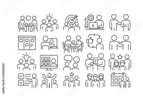 Line style icons of teamwork and collaboration: team discussion, brainstorming group, shared goals, collaboration tools, project alignment, agile board, video meeting, shared workspace, feedback loop