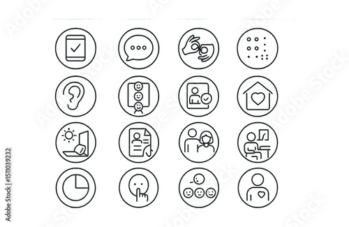 Line style icons of round inclusive and special education: round assistive tech, round speech icon, round sign language, round Braille icon, round hearing aid, round visual support, round behavior