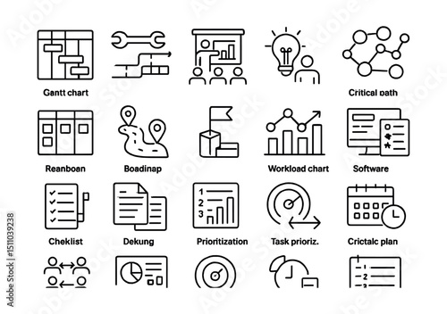 Line style icons of project planning: Gantt chart, timeline setup, project kickoff, planning meeting, resource allocation, sprint board, roadmap planning, milestone icon, dependencies chart, critical