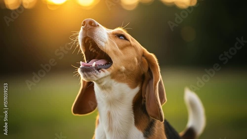 Beagle dog barking joyfully outdoors during sunset in the field  