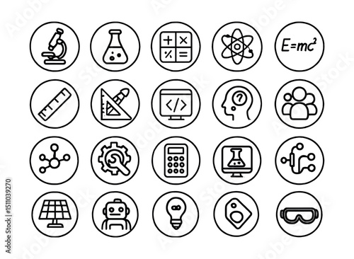 Line style icons of round STEM education: round microscope icon, round beaker icon, round math symbol, round atom icon, round ruler icon, round geometry set, round code screen, round physics formula,