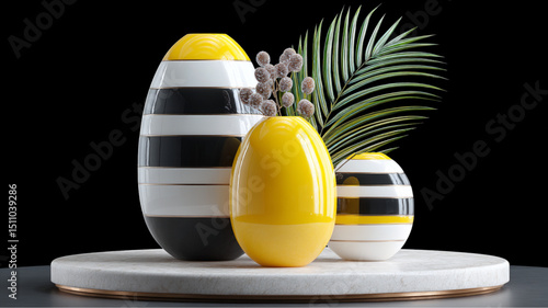 Still life of striped vases with yellow accents and a palm leaf on a marble pedestal with black background