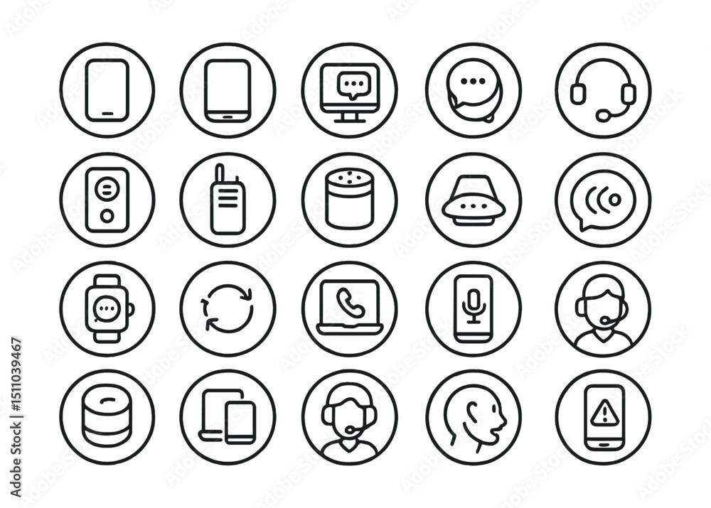 Line style icons of round communication devices: round smartphone icon, round tablet icon, round desktop chat, round smartwatch badge, round headset icon, round intercom icon, round walkie talkie, Line style icons of round communication devices: round smartphone icon, round tablet icon, round desktop chat, round smartwatch badge, round headset icon, round intercom icon, round walkie talkie,