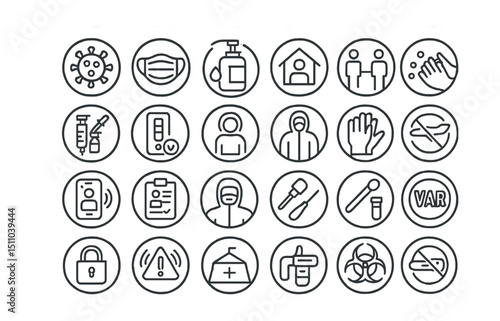 Line style icons of round pandemic and infection control: round virus icon, round face mask, round sanitizer icon, round wash hands, round vaccine badge, round COVID test, round quarantine icon,