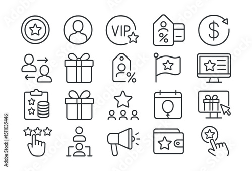 Line style icons of loyalty programs: reward points, member badge, VIP level, loyalty card, cashback icon, referral program, anniversary gift, member discount, reward milestone, loyalty dashboard,