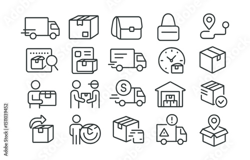 Line style icons of delivery and logistics: delivery truck, shipping box, courier bag, delivery route, tracking number, shipping label, order dispatched, order received, express shipping, local