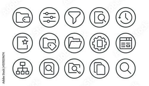 Line style icons of round file organization and search: round folder tag, round sort icon, round filter badge, round search file, round recent icon, round favorite file, round tag folder, round