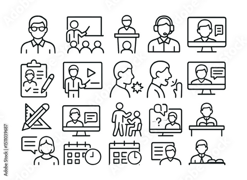 Line style icons of teachers and instructors: teacher avatar, teaching board, lecture icon, online teacher, lesson planner, course creator, tutor profile, teacher feedback, teaching tools, video