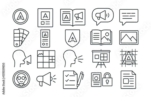 Line style icons of branding and identity: brand logo, visual identity, style guide, brand voice, slogan icon, color palette, brand guideline, typography badge, brand story, image style, tone of