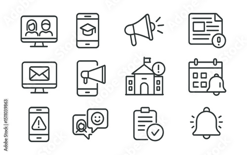 Line style icons of school communication: parent portal, student app, announcement icon, weekly newsletter, message teacher, school updates, calendar notice, grade alert, chat with staff, parent