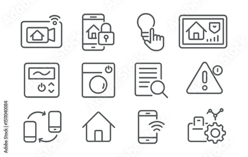 Line style icons of remote home access: live camera view, unlock door remotely, adjust lights, view dashboard, adjust thermostat, remote appliance, access logs, alert popup, mobile sync, home view