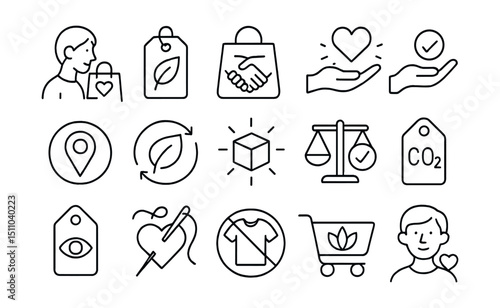 Line style icons of ethical consumption: conscious buyer, eco label, fair trade bag, responsible shopping, values icon, local brand, sustainable choice, product impact, ethical icon, carbon label,