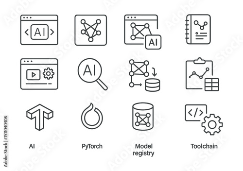 Line style icons of AI development tools: AI IDE, ML library, model builder, Jupyter notebook, training interface, AI test tool, model versioning, experiment tracker, AI SDK, ML Ops, data labeling