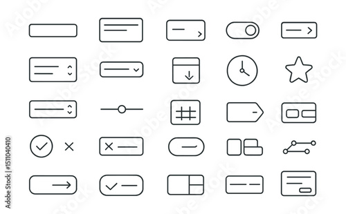Line style icons of input and form components: input field, text area, checkbox icon, radio button, toggle switch, dropdown select, number input, slider control, file upload, calendar picker, time