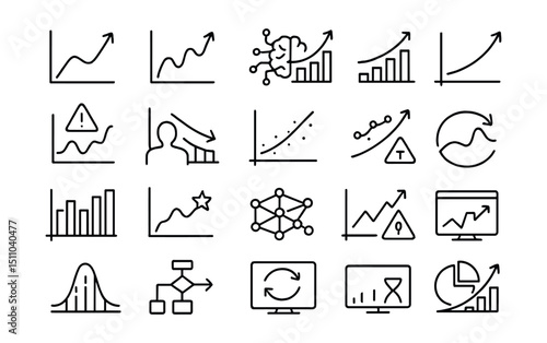Line style icons of predictive analytics: prediction chart, forecast line, AI prediction, demand forecast, trend extrapolation, anomaly alert, churn prediction, sales forecast, regression icon, ML