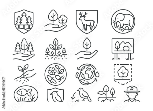 Line style icons of environmental conservation: protected forest, save trees, wildlife protection, endangered species, forest care, reforestation icon, nature preserve, tree planting, biodiversity