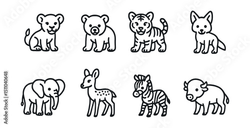 Line style icons of baby mammals in the wild: lion cub, bear cub, tiger cub, wolf pup, fox kit, elephant calf, deer fawn, zebra foal, bison calf, wild boar piglet.