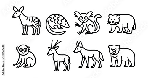 Line style icons of rare species in tropical regions: okapi, pangolin, aye-aye, binturong, slow loris, crowned sifaka, saola, maned wolf, sun bear, Malayan tapir.