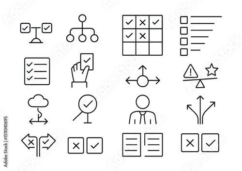 Line style icons of decision making: pros and cons, decision tree, choice matrix, priority chart, options list, voting icon, decision point, risk vs reward, what-if scenario, evaluate icon, decision