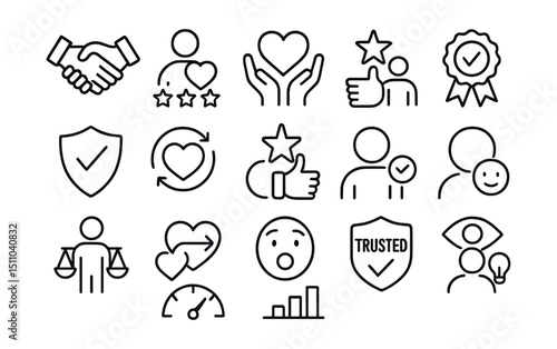 Line style icons of brand perception and trust: trust icon, customer loyalty, emotional branding, credibility icon, quality perception, brand affinity, value alignment, user sentiment, trusted badge,