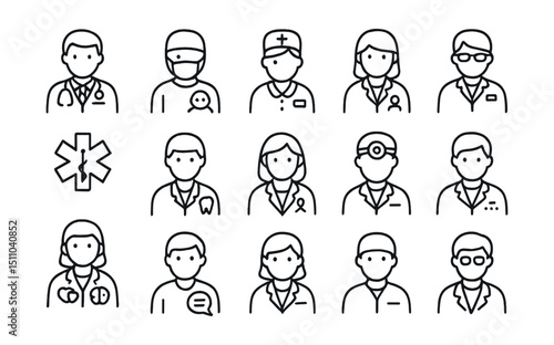 Line style icons of healthcare professionals and roles: general practitioner, pediatrician icon, surgeon icon, nurse assistant, pharmacist icon, paramedic badge, dentist icon, therapist icon,