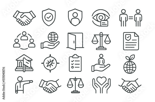 Line style icons of corporate ethics and values: handshake, integrity icon, trust badge, transparency, equality icon, inclusion circle, responsibility icon, open door policy, ethical decision,