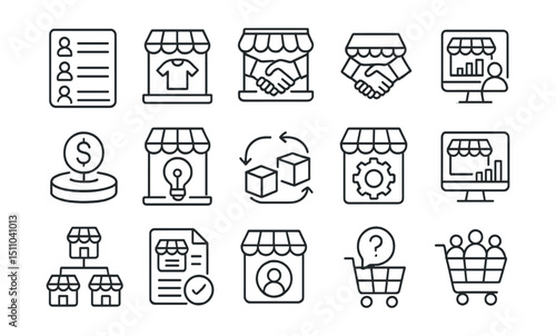 Line style icons of multi-vendor platform: vendor list, vendor product, vendor commission, join marketplace, vendor onboarding, platform fees, vendor category, product sync, vendor settings, vendor