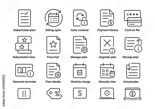 Line style icons of subscription and billing: subscription plan, billing cycle, auto renewal, payment history, subscription tiers, free trial, billing invoice, card on file, subscription status,